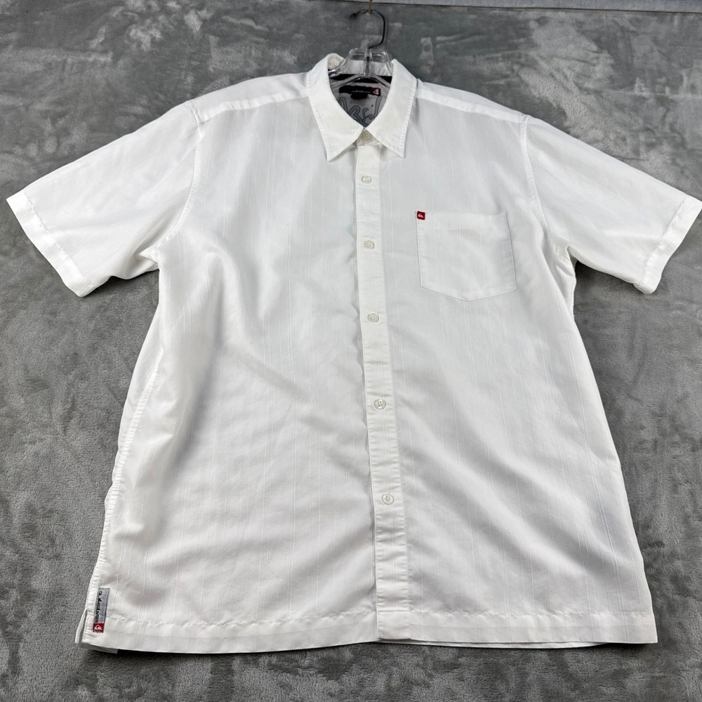 Quiksilver Button-down Mens Large White Striped Short Sleeve EUC